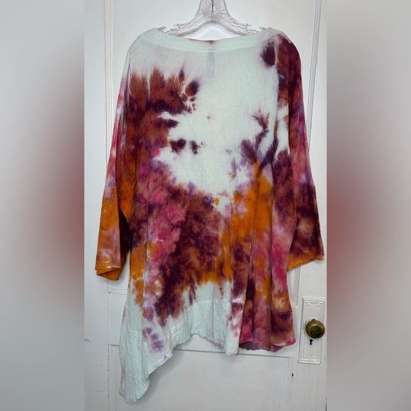 Cynthia Ashby Tie Dye Crinkle Gauze Linen Asymmetrical Tunic Top OS Lagenlook - Picture 3 of 8